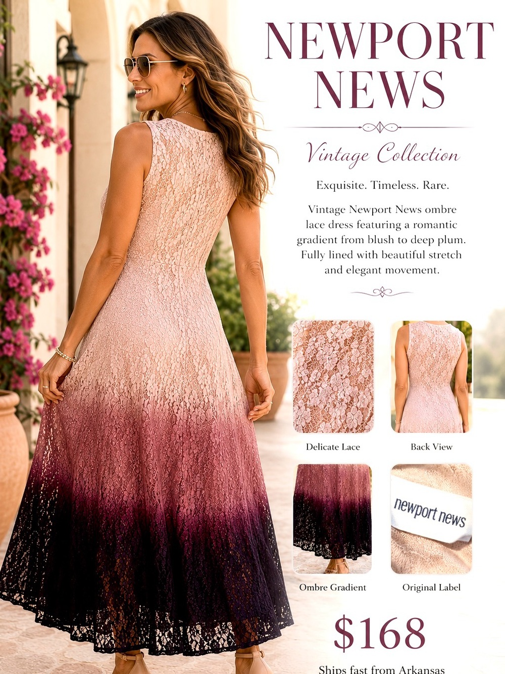 VTG Newport News,Exquisite Descending Ombre,Antique-Lace Dress,Stretch,Size 12 - Picture 3 of 12